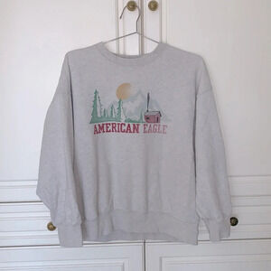 American eagle size medium gray crew neck sweatshirt log cabin pine trees sun